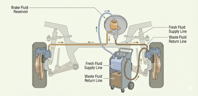 Diagram of how brake fluid flush machine changes brake fluid